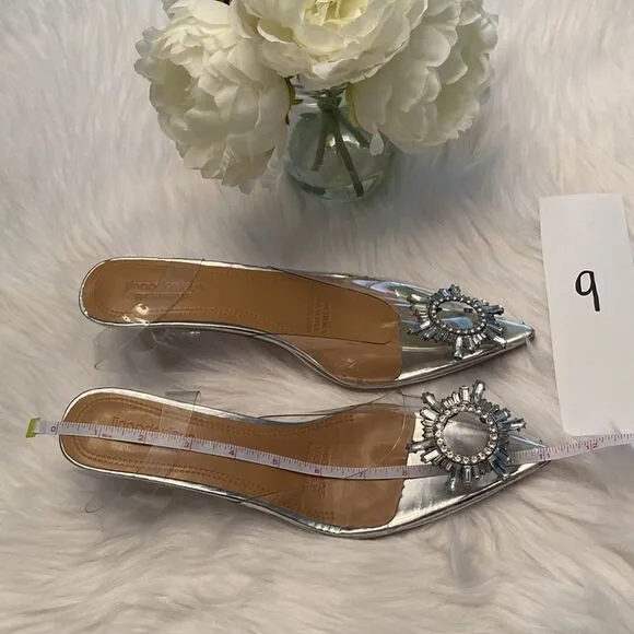 Vinyl Clear Rhinestone Pointed Toe Kitten Heel Slingback Sandals Shoes