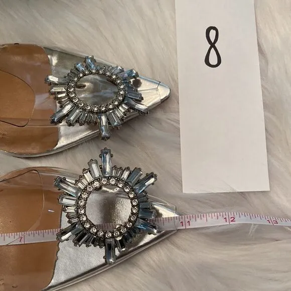 Vinyl Clear Rhinestone Pointed Toe Kitten Heel Slingback Sandals Shoes