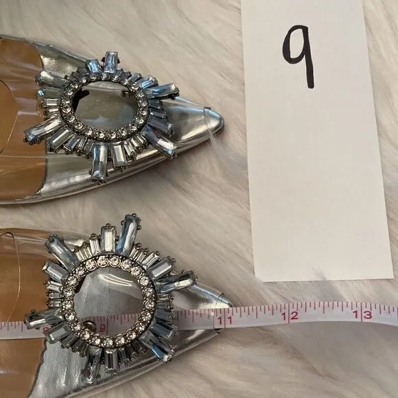 Vinyl Clear Rhinestone Pointed Toe Kitten Heel Slingback Sandals Shoes