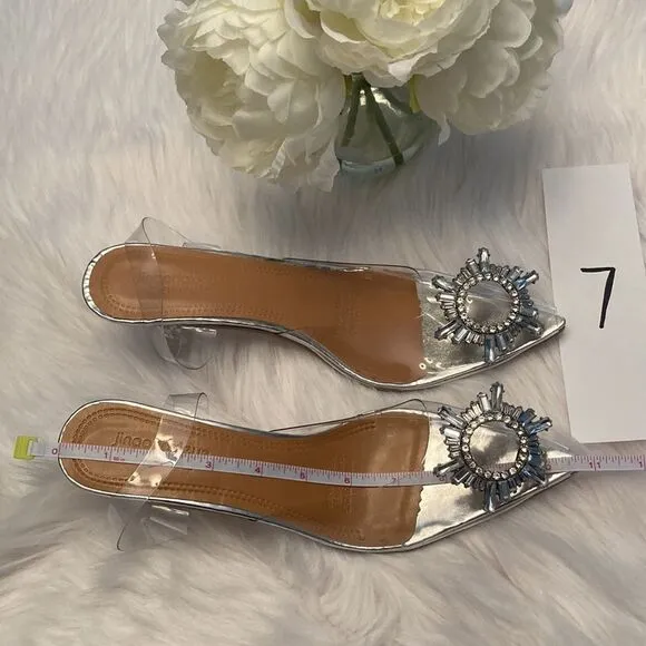 Vinyl Clear Rhinestone Pointed Toe Kitten Heel Slingback Sandals Shoes