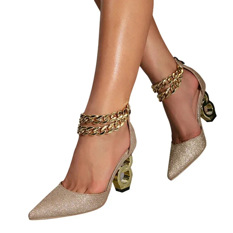 VougeVamp Women’s Chain Ankle Strap Pumps – Elegant Pointed Toe Wedding Heels with Metal Fretwork Design