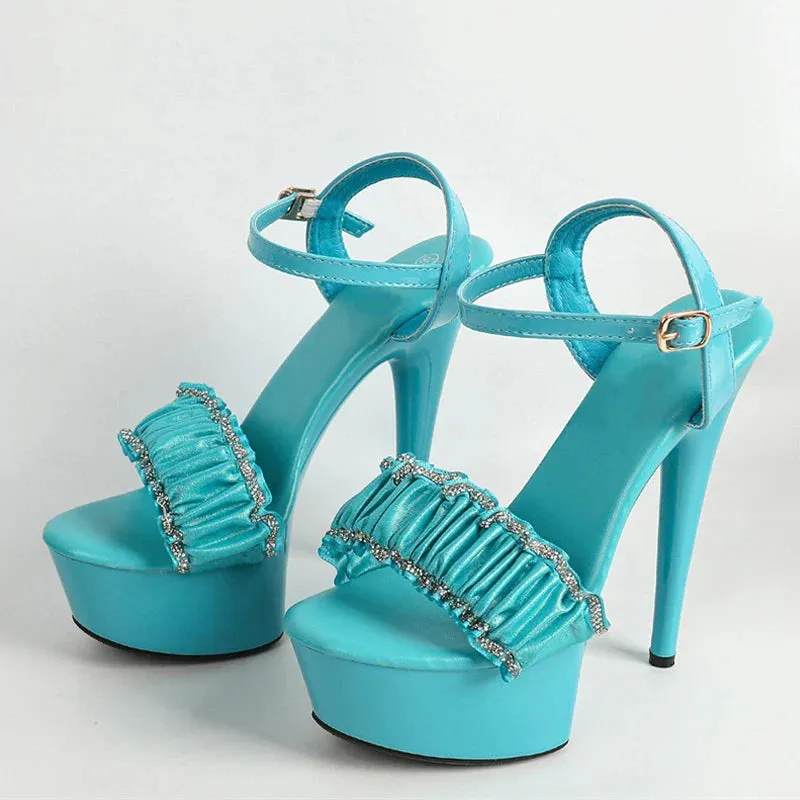 VougeVamp Women’s Crystal Pleated Platform Sandals – Elegant Open-Toe High Heels for Weddings and Parties