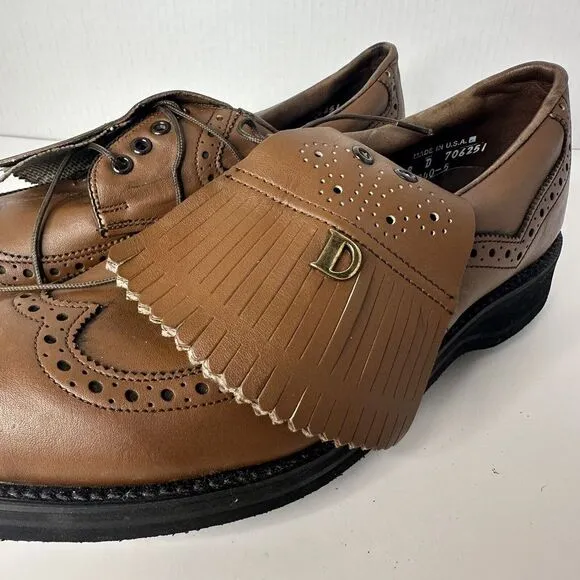 VTG BROWN‎ DEXTER USA Made KILTIE Honey LEATHER SOLE STEEL SPIKE GOLF SHOES 8D