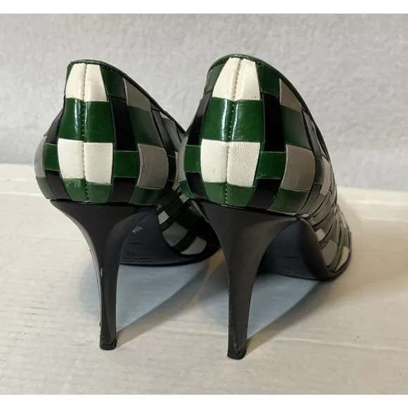 Vtg Miu Miu Green Black Gray Woven Leather Pumps High Heel Shoes 39 US 8.5