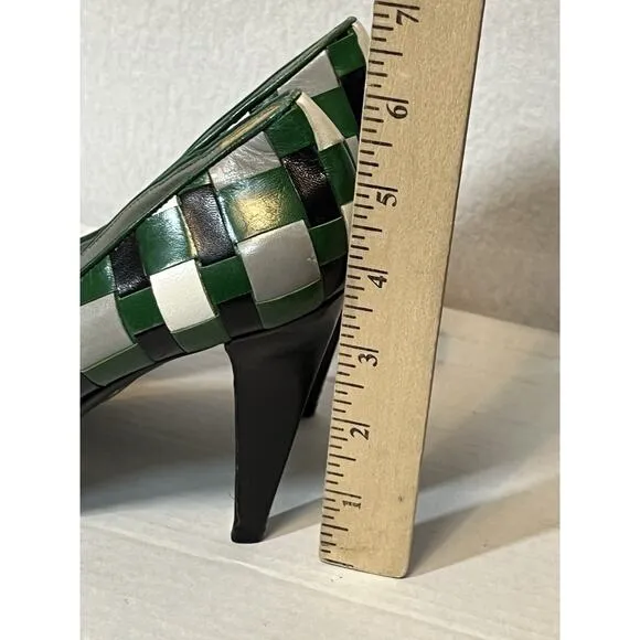 Vtg Miu Miu Green Black Gray Woven Leather Pumps High Heel Shoes 39 US 8.5
