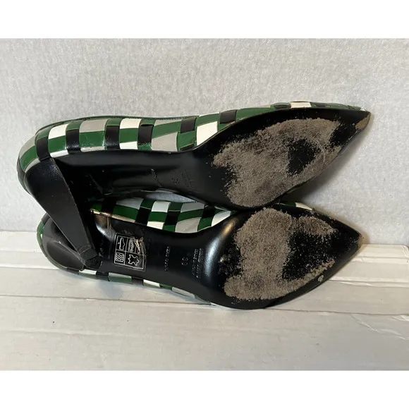Vtg Miu Miu Green Black Gray Woven Leather Pumps High Heel Shoes 39 US 8.5
