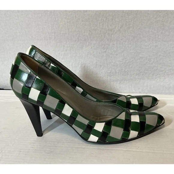 Vtg Miu Miu Green Black Gray Woven Leather Pumps High Heel Shoes 39 US 8.5