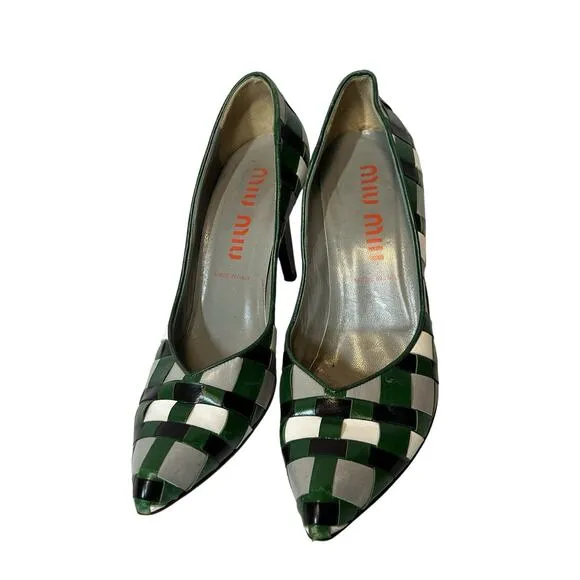 Vtg Miu Miu Green Black Gray Woven Leather Pumps High Heel Shoes 39 US 8.5