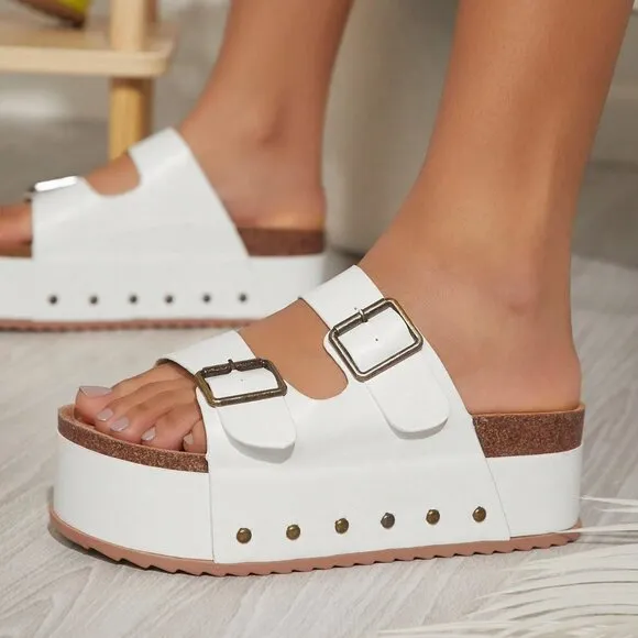 White Fashionable Women's Fashion Solid Color Wedge Heel Thick Bottom Sandals