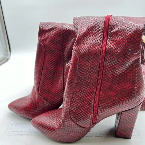 Wine Snake Skin Stylish Knee High Boots Stretchy Pointed Toe Side Zipper Bootie