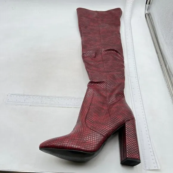 Wine Snake Skin Stylish Knee High Boots Stretchy Pointed Toe Side Zipper Bootie