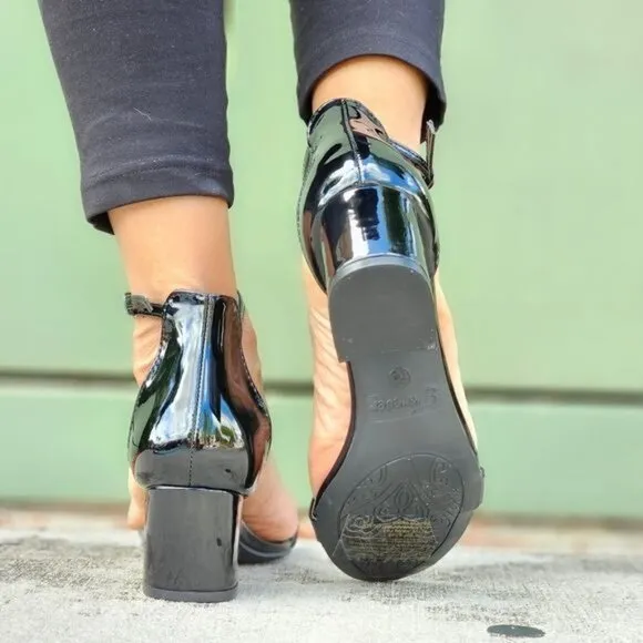 Women Ankle Straps Low Chunky Heels Sandals Black Color