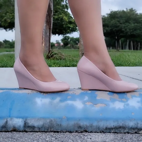 Women Nude Pumps Wedge Heel Shoes Round Toe