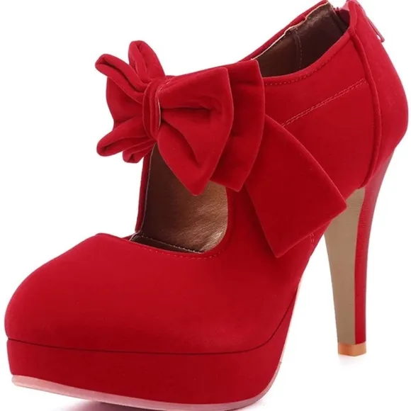 Women Sexy Red Heels Shoe With Bow