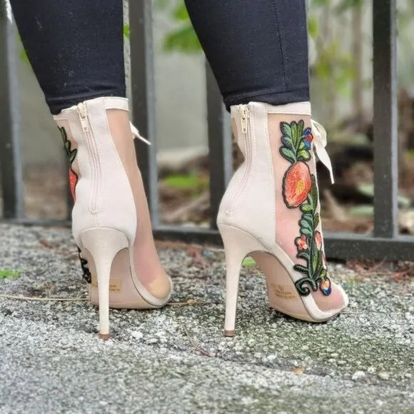 Women Ankle Open Toe High Heel Booties Lace Up Nude Color