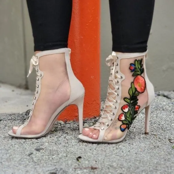 Women Ankle Open Toe High Heel Booties Lace Up Nude Color