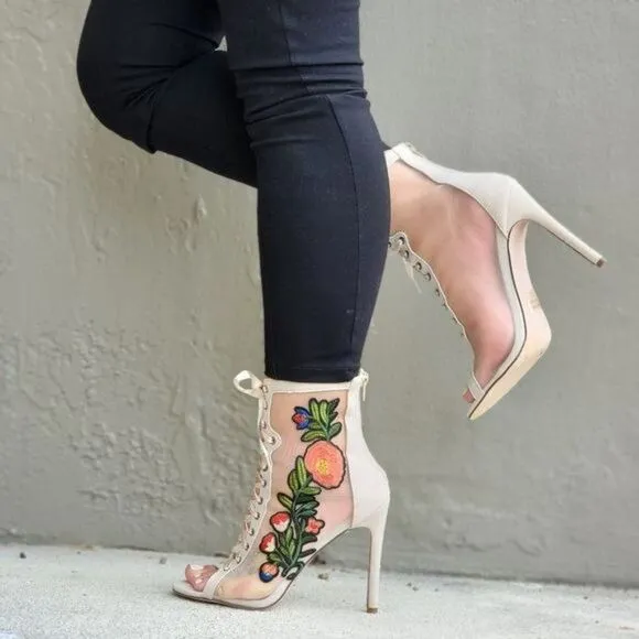 Women Ankle Open Toe High Heel Booties Lace Up Nude Color