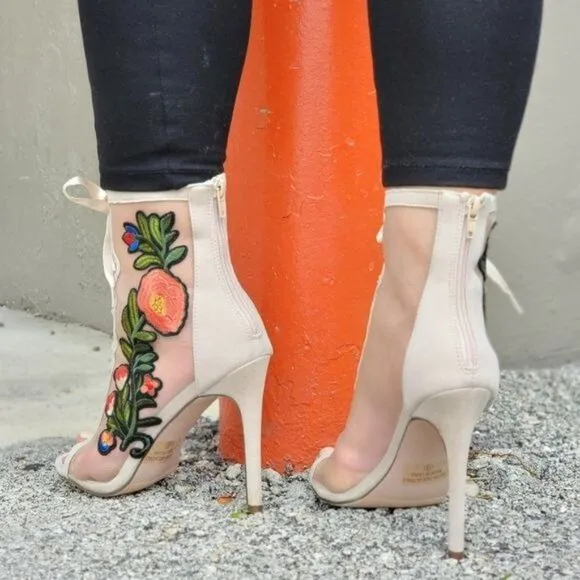 Women Ankle Open Toe High Heel Booties Lace Up Nude Color