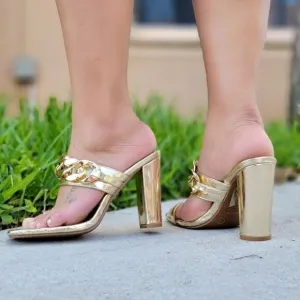 Women's Gold Square Toe Ring Heel Sandals