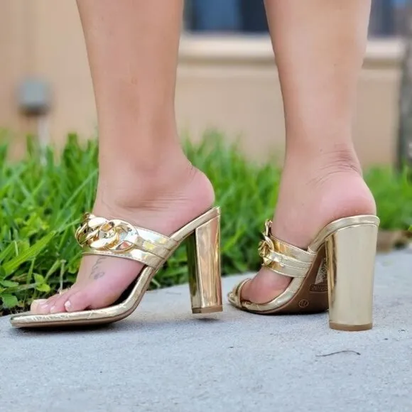 Women's Gold Square Toe Ring Heel Sandals