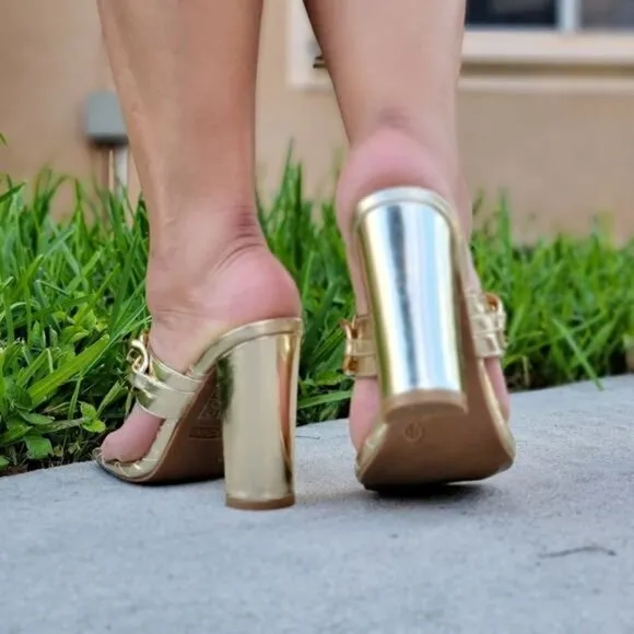 Women's Gold Square Toe Ring Heel Sandals