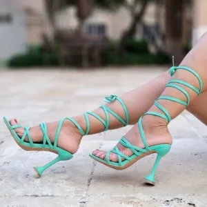 Women's Green Strappy Pyramid Heel Gladiator Sandals