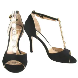 Women's Heels Designer 8 Black Suede Rhinestones Open Toe Ankle Sandals 8.M