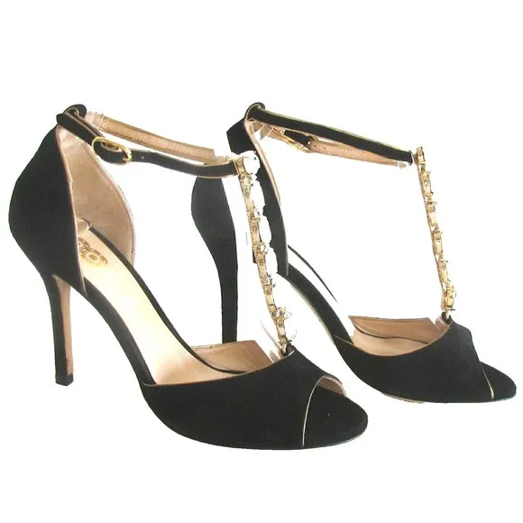 Women's Heels Designer 8 Black Suede Rhinestones Open Toe Ankle Sandals 8.M