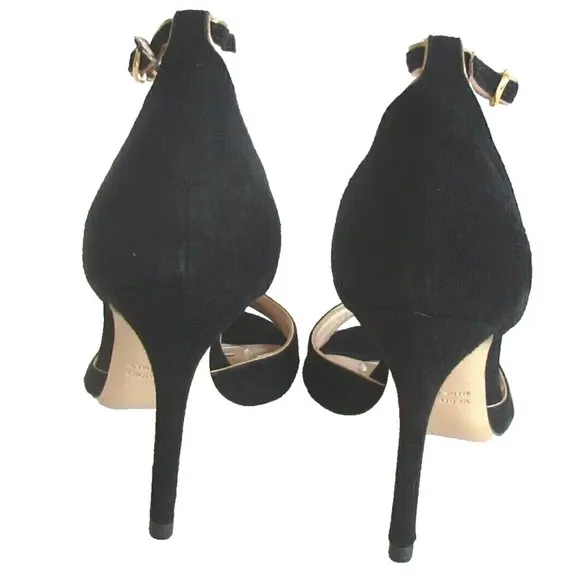 Women's Heels Designer 8 Black Suede Rhinestones Open Toe Ankle Sandals 8.M