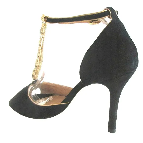 Women's Heels Designer 8 Black Suede Rhinestones Open Toe Ankle Sandals 8.M
