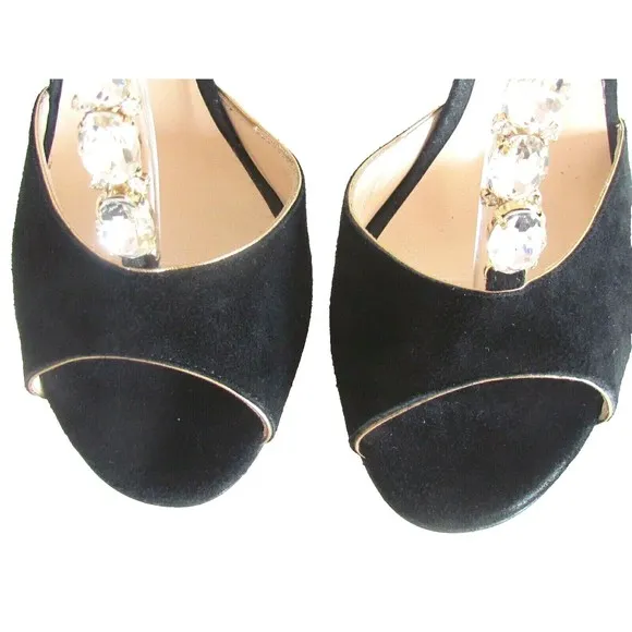 Women's Heels Designer 8 Black Suede Rhinestones Open Toe Ankle Sandals 8.M