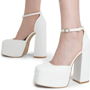 Women’s High Chunky Platform Closed Toe Block Heels Square Toe Ankle Strap Dress