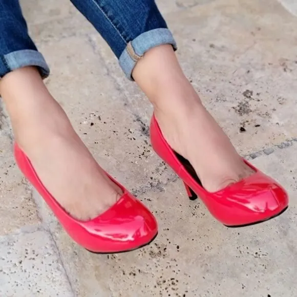 Women's Red PAT Low Heel Pumps Shoes