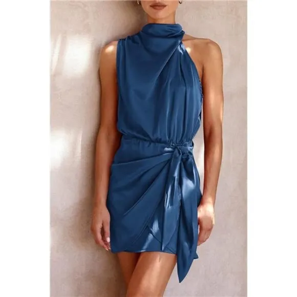 Women's Short Formal Satin Dress Dark Blue