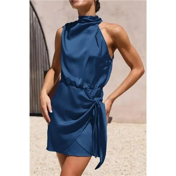Women's Short Formal Satin Dress Dark Blue