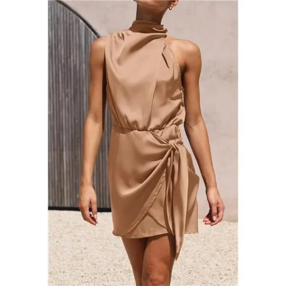 Women's Short Formal Satin Dress Light Khaki