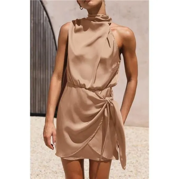Women's Short Formal Satin Dress Light Khaki