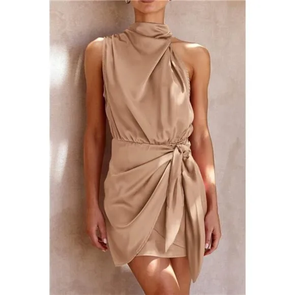 Women's Short Formal Satin Dress Light Khaki