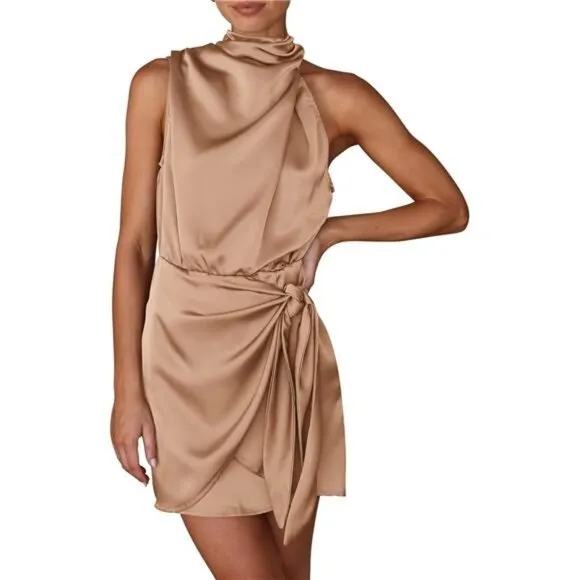 Women's Short Formal Satin Dress Light Khaki