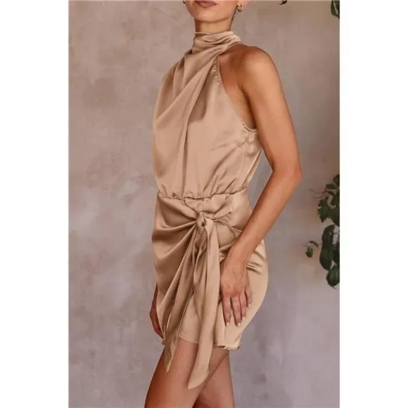 Women's Short Formal Satin Dress Light Khaki