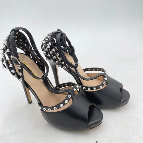 XYD Black Sexy Platform High Heel Spikes Studded Peep Toe T-strap Club Sandals