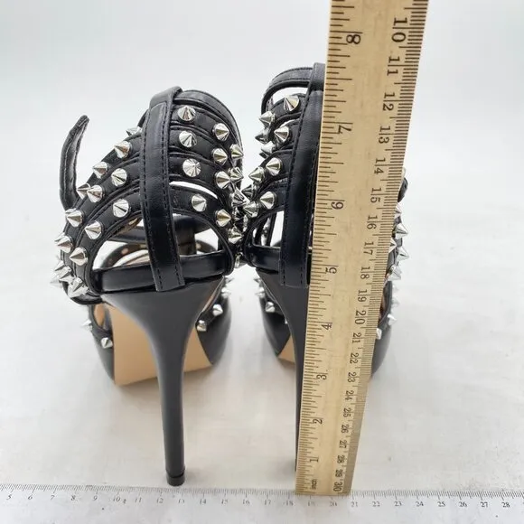 XYD Black Sexy Platform High Heel Spikes Studded Peep Toe T-strap Club Sandals