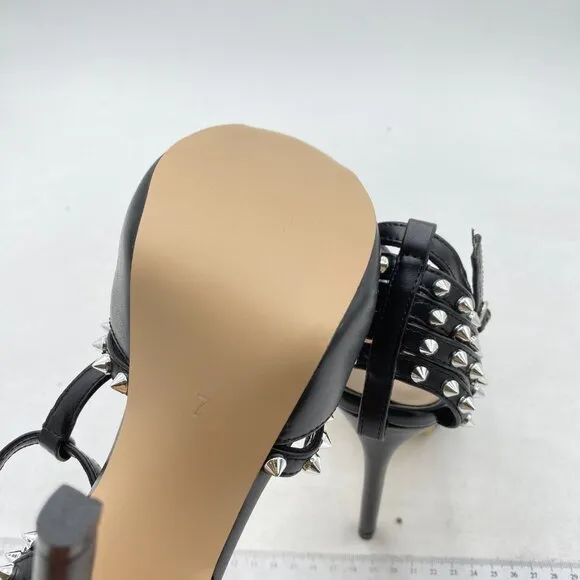 XYD Black Sexy Platform High Heel Spikes Studded Peep Toe T-strap Club Sandals