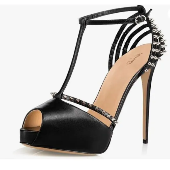 XYD Black Sexy Platform High Heel Spikes Studded Peep Toe T-strap Club Sandals