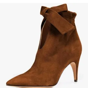 XYD Brown Cute Bow Pointed Toe Ankle Boot High Heels Graceful Boots for Women