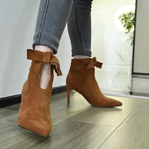 XYD Classical Pointed Toe Ankle Booties Dress Low Kitten Heels Cute Bow ,Brown
