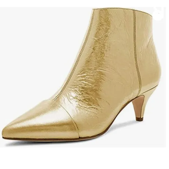 XYD Gold Kitten Heel Ankle Boots Pointed Closed Toe Side Zipper Prom Party Shoes