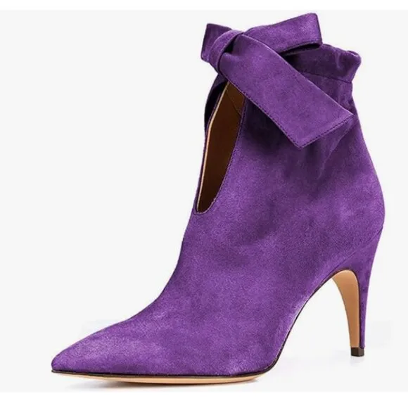 XYD Purple Pointed Toe Ankle Booties Dress High Heels Heels Cute Bow Boots