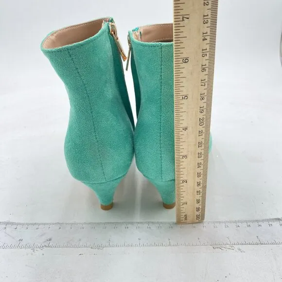 XYD Turquoise Low Kitten Heel Pointed Closed Toe Side Zipper Prom Ankle Boots