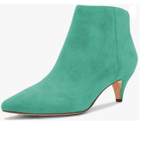 XYD Turquoise Low Kitten Heel Pointed Closed Toe Side Zipper Prom Ankle Boots